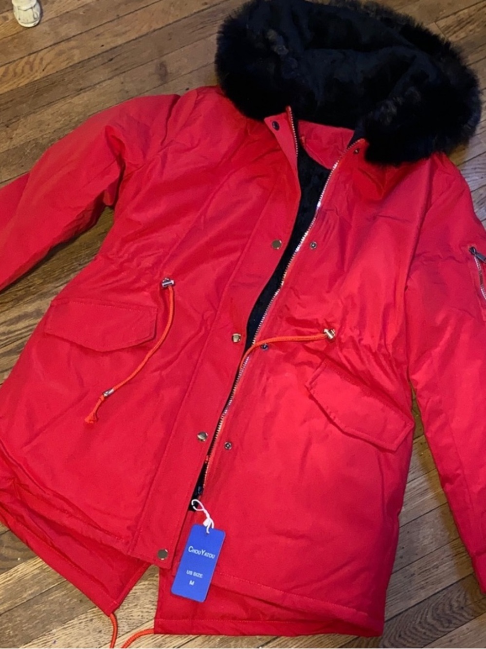 Black trim Fake fur red coat size medium
